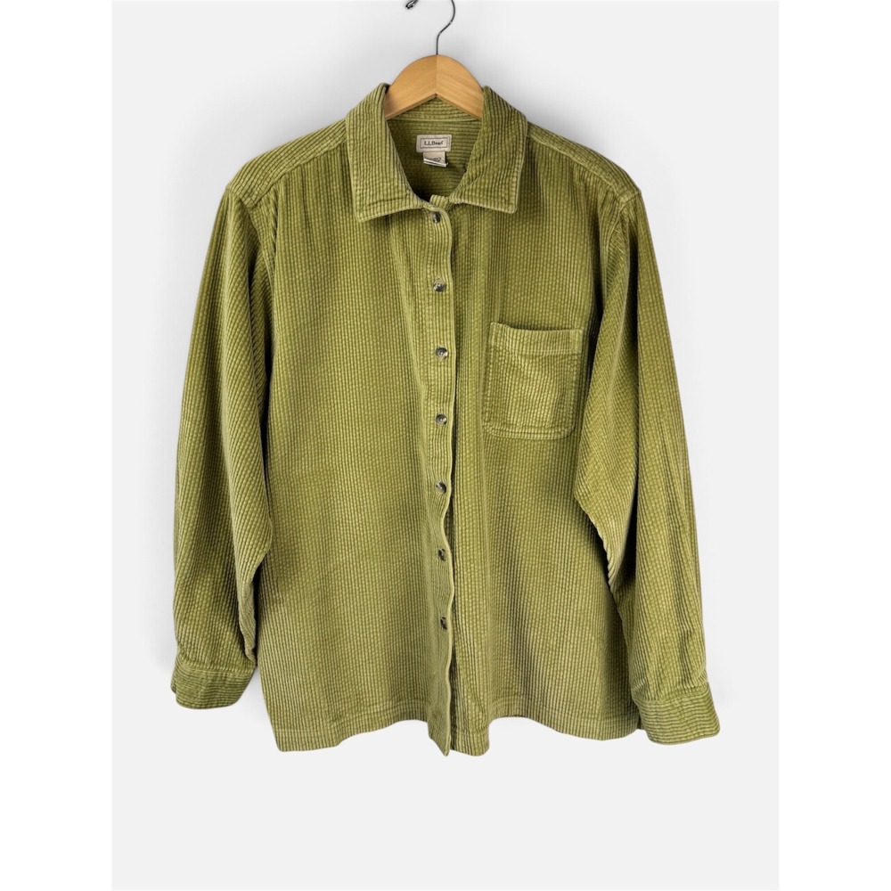 L.L.Bean Corduroy Shirt Chartreuse Green Long Sleeve Button Down Cotton Women XL